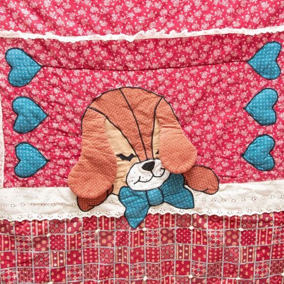 Vgt Hand Sewn Stitched Red BlueBaby Quilt Blanket Sleeping 3D Dog Hearts 50"x40" - Picture 2 of 11